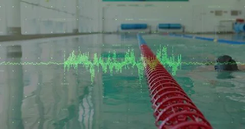 Swimming man with cap goggles, pushing along pool lane, red divider, green data Stock Illustration