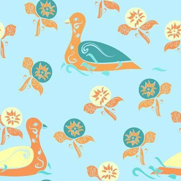 Swimming Ornamental Ducks Pattern In Orange And Blue Stock Illustration