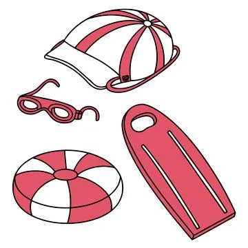 Swimming Pool Accessories with Cap Float and Kickboard Vector Stock Illustration