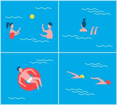 Swimming Pool Activities Set Vector Illustration Stock Illustration