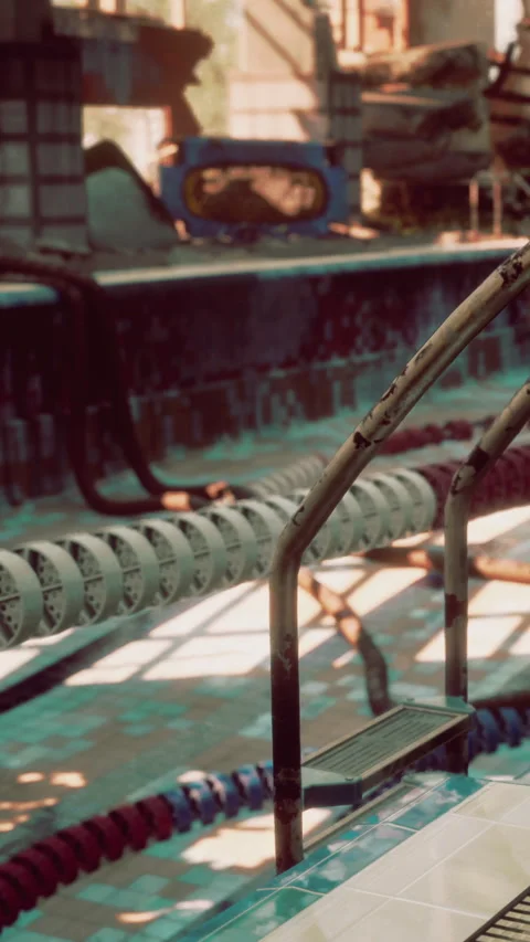 Swimming pool area with ladder and lane markers during daylight hours Stock Footage 339418015
