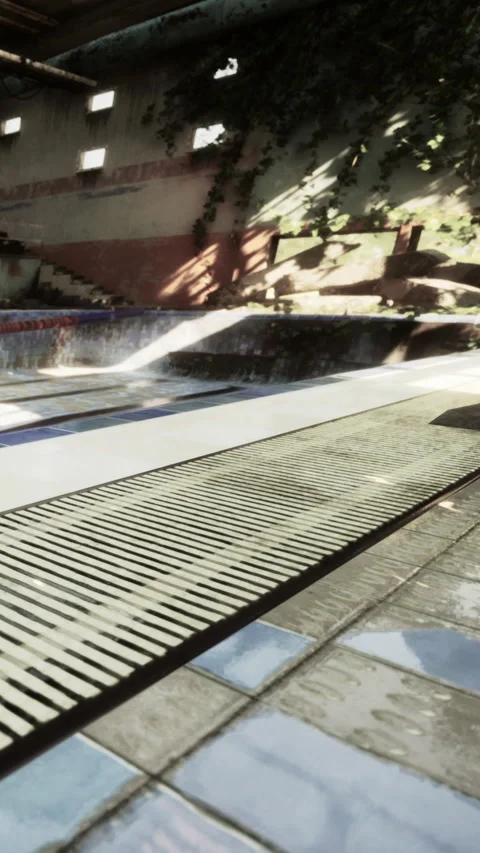 Swimming pool area with sun and shadows at a leisure facility in summer Stock Footage 341268976