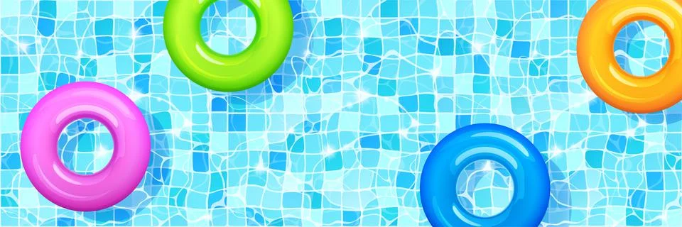 Swimming pool with colorful inflatable rings. Stock Illustration