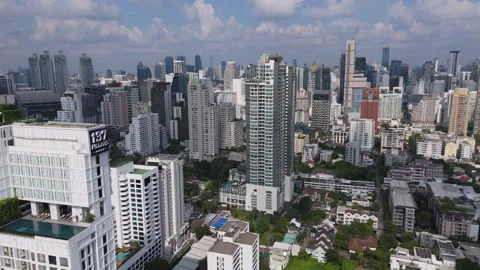 Swimming Pool On The Condo With City Views Of Bangkok, Thailand. - aerial shot Stock Footage 314244746