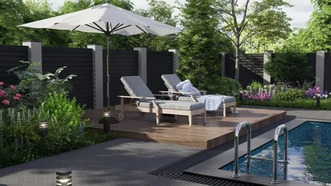 Swimming pool with equipped relaxation area. 3D rendering Stock Footage 288096404