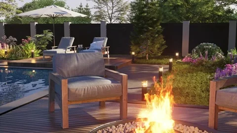 Swimming pool with equipped relaxation area. 3D rendering Stock Footage 288096426
