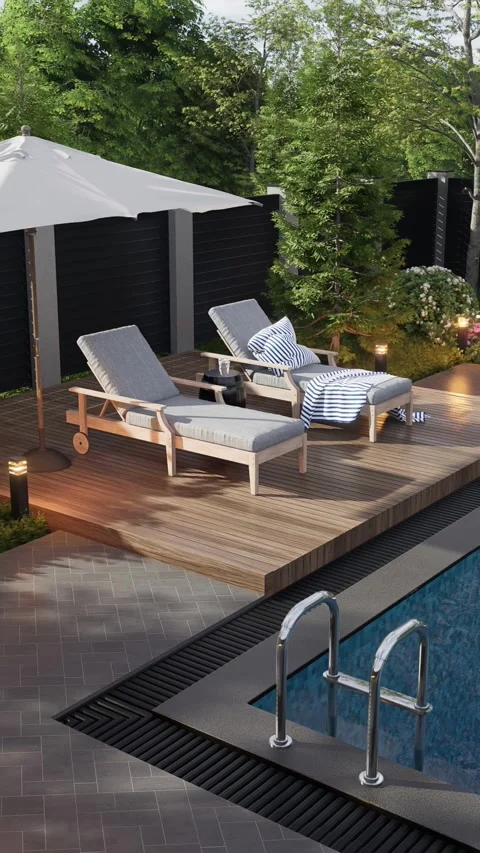 Swimming pool with equipped relaxation area. 3D rendering Stock Footage 288097470