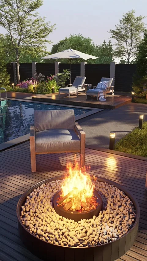 Swimming pool with equipped relaxation area. 3D rendering Stock Footage 288097769