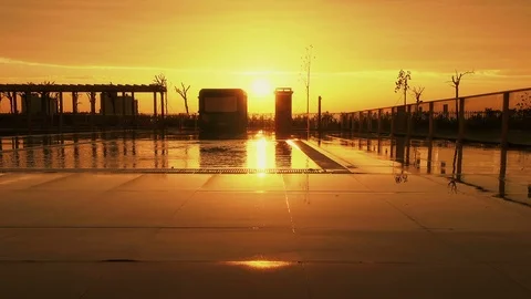 Swimming pool in the evening at sunset Video stock 99371812