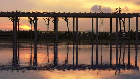 Swimming pool in the evening at sunset Stock-Footage 100303642