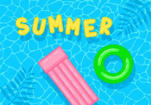 Swimming pool with floating inflatable  circle, air mattress and word summer Stock-Illustration