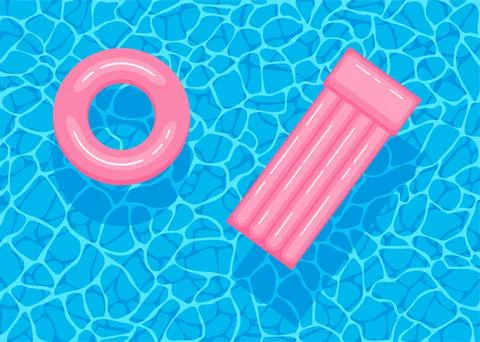 Swimming pool with floating inflatable pink circle and air mattress. Top view Stock Illustration
