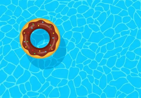 Swimming pool with floating inflatable rubber chocolate donut. Top view Stock Illustration