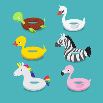 Swimming pool floats, inflatable animals flamingo, duck, unicorn, zebra, turtle Ilustración de archivo