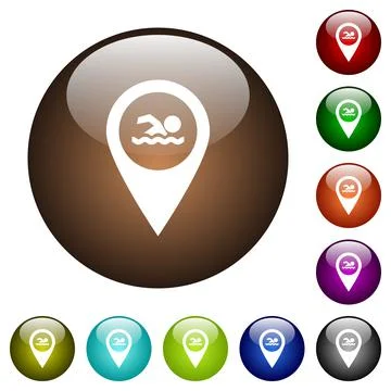 Swimming pool GPS map location color glass buttons Illustrazione stock
