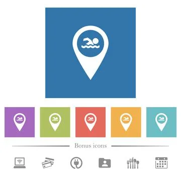 Swimming pool GPS map location flat white icons in square backgrounds Stock Illustration