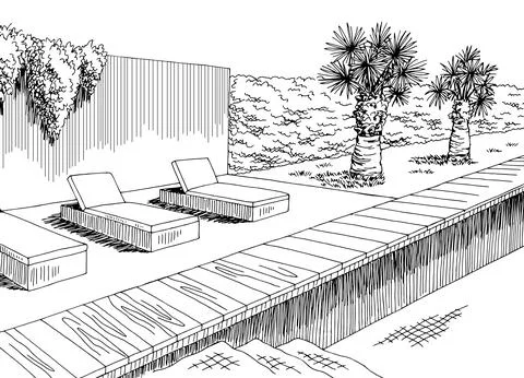 Swimming pool graphic black white landscape sketch illustration vector Stock Illustration