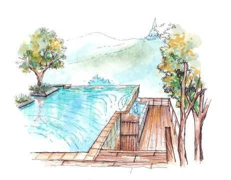 Swimming pool infinity edge water colour illustration Stock Illustration