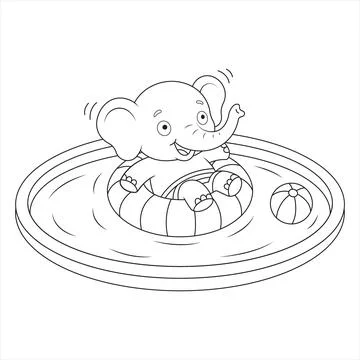 Swimming pool inflatable ring ball elephant floating in water with beach toy Stock Illustration