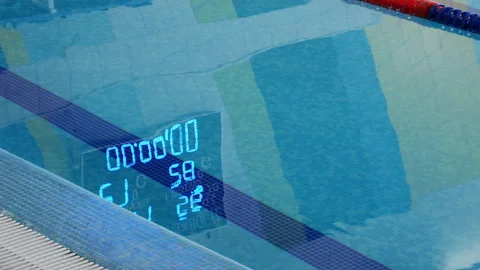 Swimming pool. The information screen is reflected in the water. Training pool Stock Footage 196327339