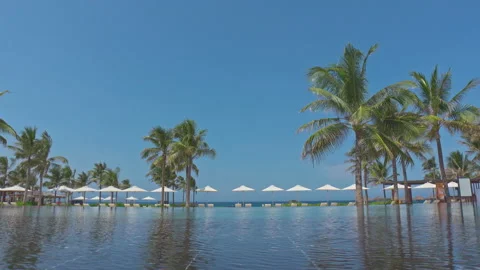 Swimming Pool In Luxury Resort Hotel Reflecting Coconut Palm Trees - 4K Stock Footage