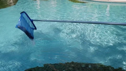 Swimming pool maintenance worker using blue net skimmer to clean surface wa.. Stock Footage 333936156