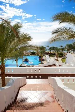 Swimming pool near beach at luxury hotel, Sharm el Sheikh, Egypt Stock Photos