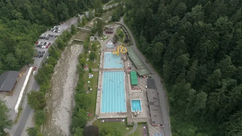 Swimming pool near the forest. Drone view Stock Footage 266887251