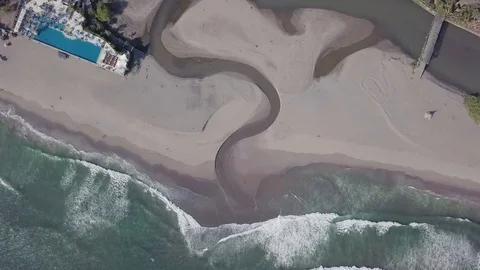 Swimming pool on the sand beach camera turn aerial footage Video stock 100692234