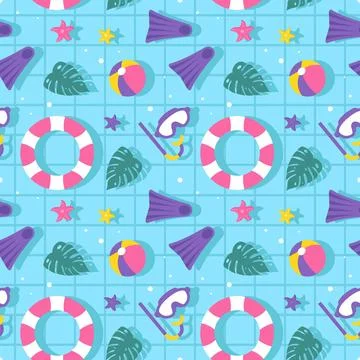 Swimming Pool Seamless Pattern Vector Illustration with Summer Vacation Ele.. Illustrazione stock