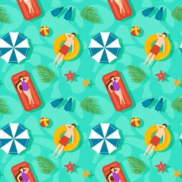 Swimming Pool Seamless Pattern Vector Illustration with Summer Vacation Ele.. Illustrazione stock