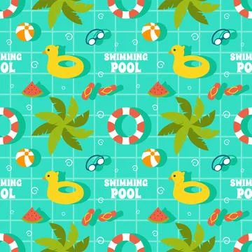 Swimming Pool Seamless Pattern Vector Illustration with Summer Vacation Ele.. Illustrazione stock