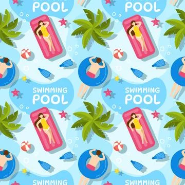Swimming Pool Seamless Pattern Vector Illustration with Summer Vacation Ele.. Illustrazione stock