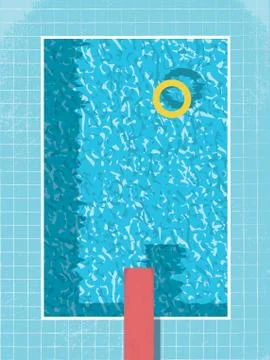 Swimming pool top view with inflatable ring preserver and red jump. 80s style Illustrazione stock