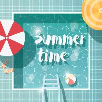 Swimming pool, top view, summer time holiday vacation, clear water with parasols Stock Illustration