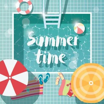 Swimming pool, top view, summer time holiday vacation, clear water with parasols Stock Illustration