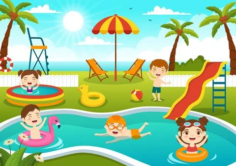 Swimming Pool Vector Illustration with Summer Vacation Landscape Concept an.. Stock Illustration