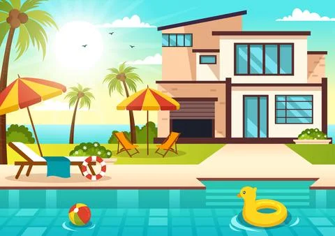 Swimming Pool Vector Illustration with Summer Vacation Landscape Concept an.. Stock Illustration
