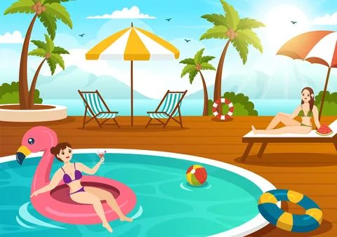 Swimming Pool Vector Illustration with Summer Vacation Landscape Concept an.. Illustrazione stock