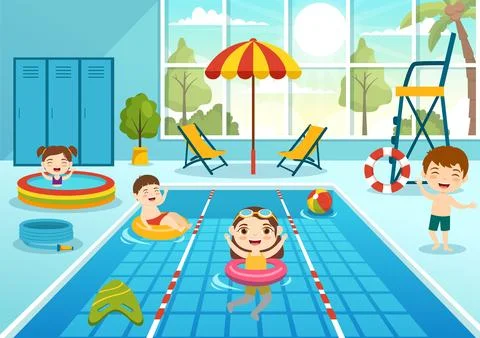 Swimming Pool Vector Illustration with Summer Vacation Landscape Concept an.. Illustrazione stock