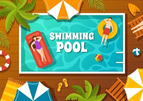 Swimming Pool Vector Illustration with Summer Vacation Landscape Concept an.. Illustrazione stock