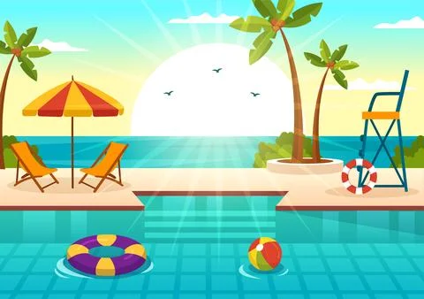 Swimming Pool Vector Illustration with Summer Vacation Landscape Concept an.. Illustrazione stock
