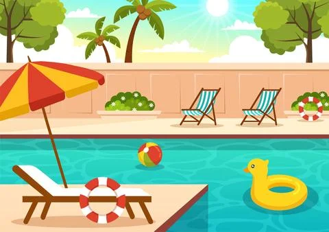 Swimming Pool Vector Illustration with Summer Vacation Landscape Concept an.. Stock Illustration