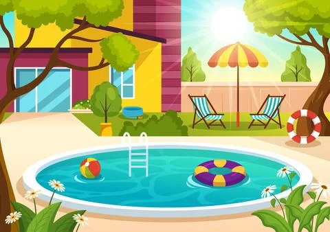 Swimming Pool Vector Illustration with Summer Vacation Landscape Concept an.. Stock Illustration