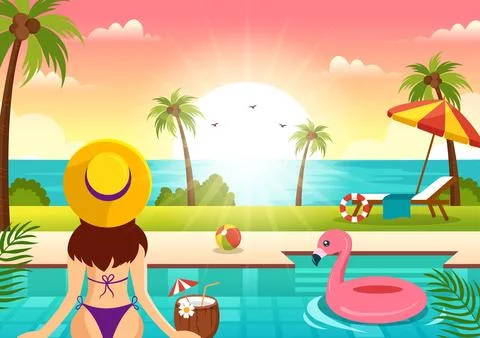 Swimming Pool Vector Illustration with Summer Vacation Landscape Concept an.. Illustrazione stock