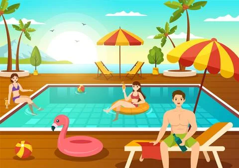 Swimming Pool Vector Illustration with Summer Vacation Landscape Concept an.. Stock Illustration