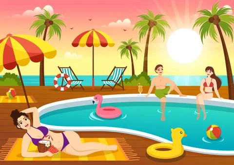 Swimming Pool Vector Illustration with Summer Vacation Landscape Concept an.. Stock Illustration