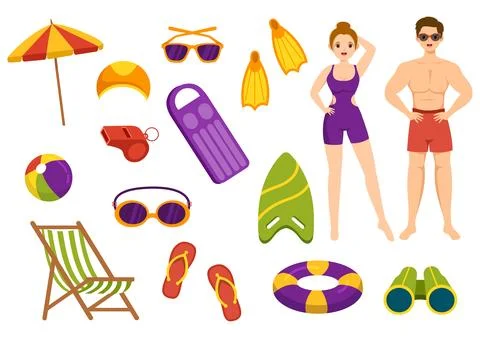 Swimming Pool Vector Illustration with Summer Vacation Landscape Concept an.. Illustrazione stock