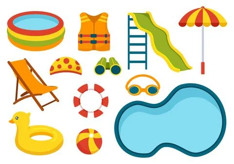 Swimming Pool Vector Illustration with Summer Vacation Landscape Concept an.. Illustrazione stock