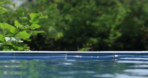 Swimming pool water surface with gentle ripples, blurred green nature background Stock Footage 330631712